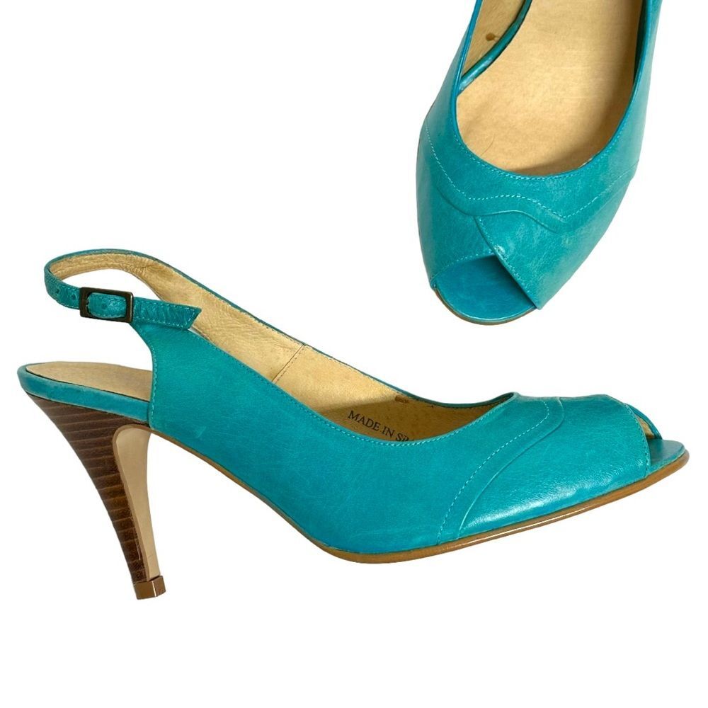JEFFREY CAMPBELL TCFS Jade Turquoise Leather Peep Toe Slingback Pumps Heels 7